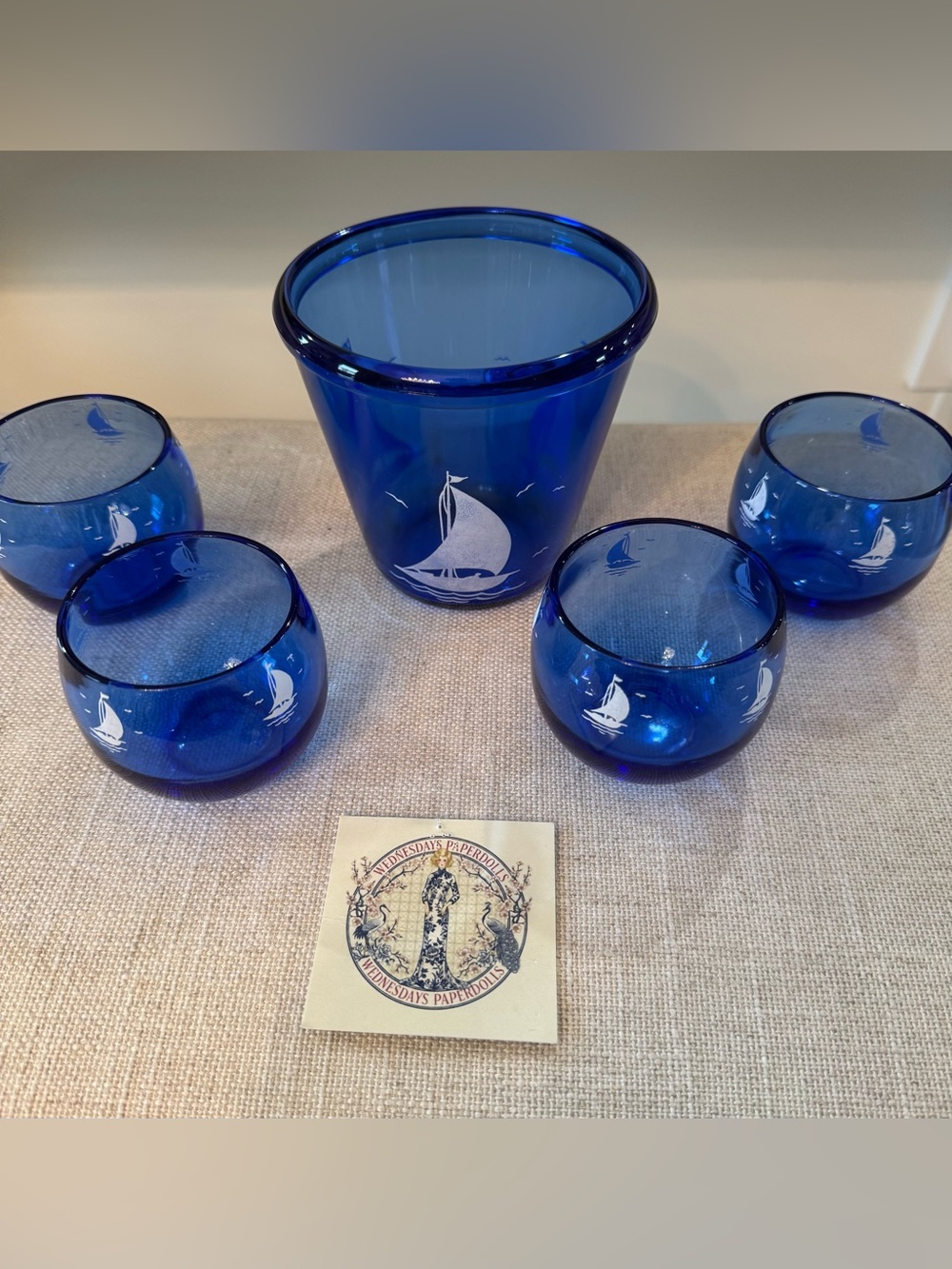 VTG HAZEL ATLAS "SPORTSMAN SERIES" SAILBOATS/COBALT BLUE (5) Pc. COCKTAIL SET